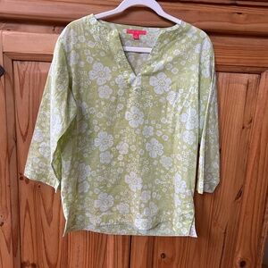 Peter‎ Millar Golf Blouse Tunic 100% Cotton 3/4 Sleeve Green White Floral Medium
